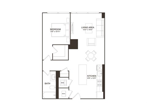 Floor plan for 1 bed, 1 bath, 730 sqft